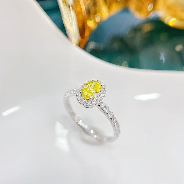 Oval Lab Grown Fancy Yellow Diamond Ring 1.18 CTW 14K White Gold