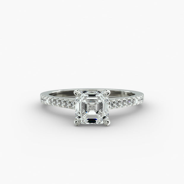 GIA Certified Asscher Cut Diamond Petite Pavé Cathedral Engagement Ring in 14K White Gold