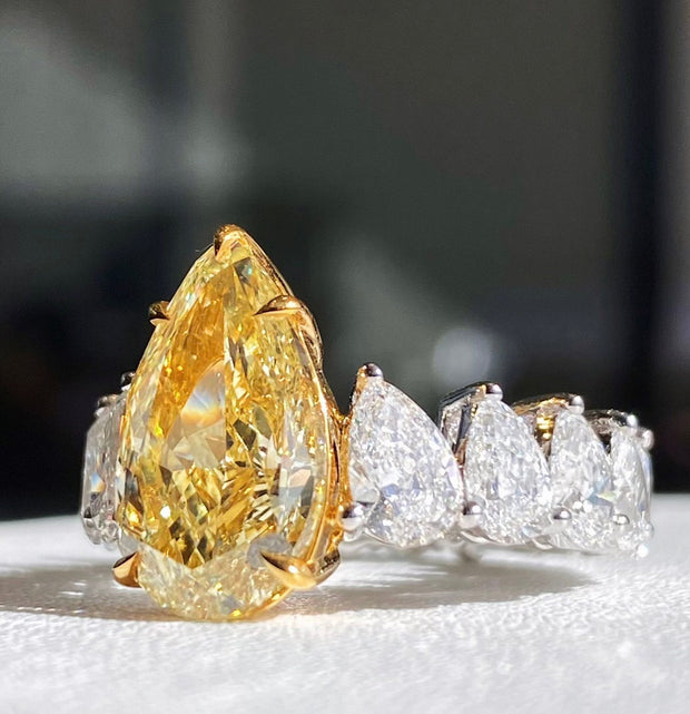 Elegant Pear Yellow Lab Grown Diamond Ring 5.20 CTW 14K White Gold