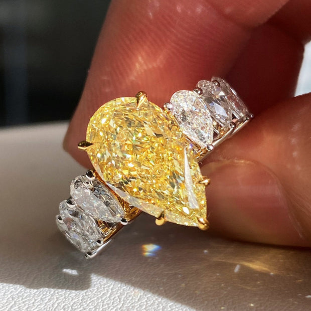 Elegant Pear Yellow Lab Grown Diamond Ring 5.20 CTW 14K White Gold