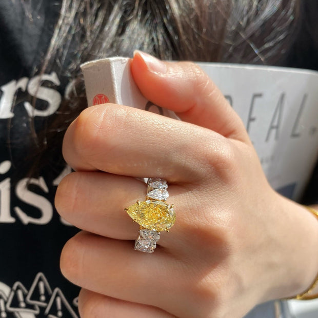 Elegant Pear Yellow Lab Grown Diamond Ring 5.20 CTW 14K White Gold