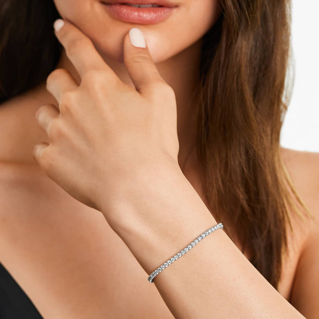 Lab-Grown Diamond Tennis Bracelet 3MM in 14K White Gold – 7" Round Diamonds, Box Clasp, Rhodium Finish