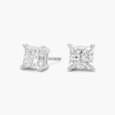 Princess Cut Lab Diamond Stud Earrings in 14K White or Yellow Gold – D–E Color, VS1–VVS2 Clarity