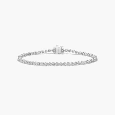 Flower Clasp Tennis Bracelet with 3MM Lab-Grown Diamonds in 14K White Gold – 7" Round Diamonds, Rhodium Finish