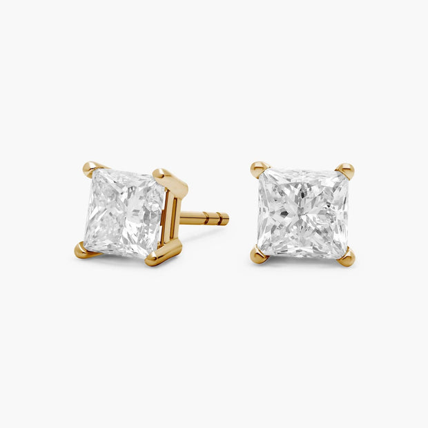 Princess Cut Lab Diamond Stud Earrings in 14K White or Yellow Gold – D–E Color, VS1–VVS2 Clarity