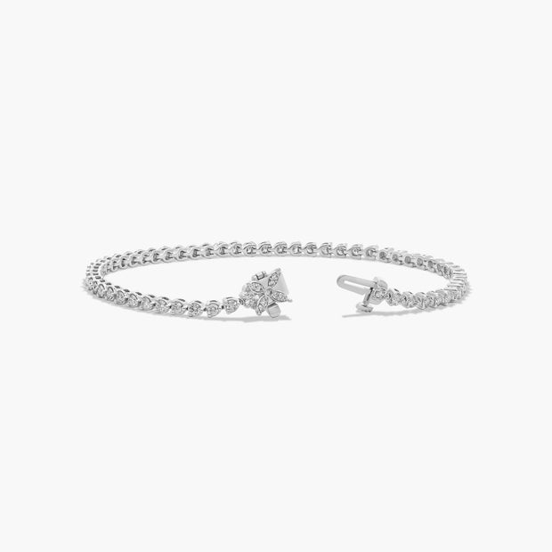 Flower Clasp Tennis Bracelet with 3MM Lab-Grown Diamonds in 14K White Gold – 7" Round Diamonds, Rhodium Finish