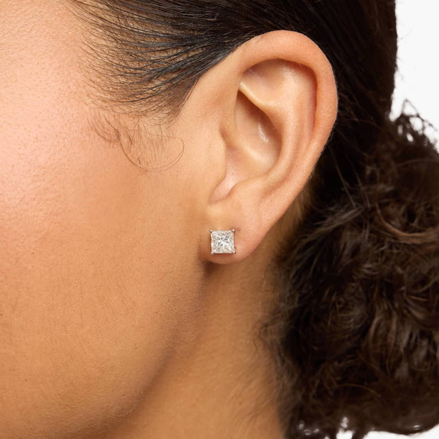Princess Cut Lab Diamond Stud Earrings in 14K White or Yellow Gold – D–E Color, VS1–VVS2 Clarity