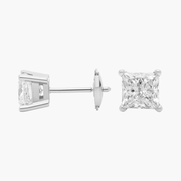Princess Cut Lab Diamond Stud Earrings in 14K White or Yellow Gold – D–E Color, VS1–VVS2 Clarity
