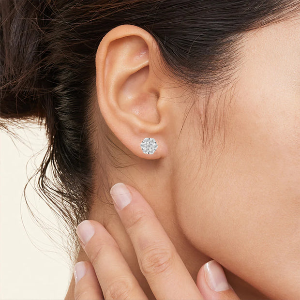 1ct Cluster Flower Set Earring Round