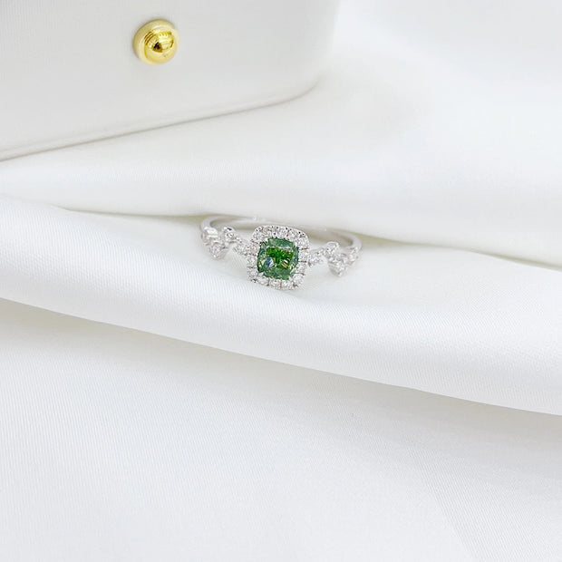 Lab Grown Fancy Green Diamond Cushion Halo Ring 0.82 CTW 14K White Gold