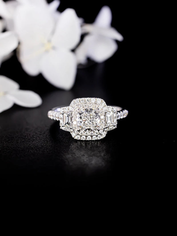 Lab-Grown 1.01CTW Cushion Diamond 3-Stone Engagement Ring 14K White Gold