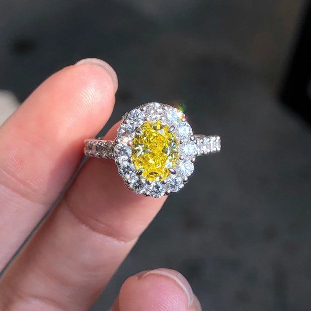 1.20 CT Fancy Vivid Yellow Lab Grown Diamond Oval Ring 14K White Gold VS1/VVS2