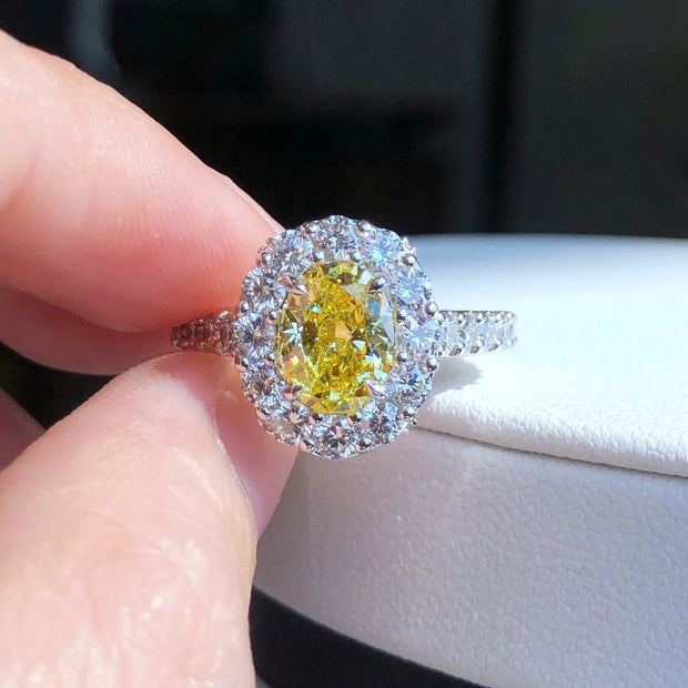 1.20 CT Fancy Vivid Yellow Lab Grown Diamond Oval Ring 14K White Gold VS1/VVS2