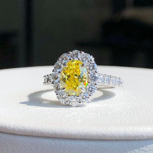 1.20 CT Fancy Vivid Yellow Lab Grown Diamond Oval Ring 14K White Gold VS1/VVS2