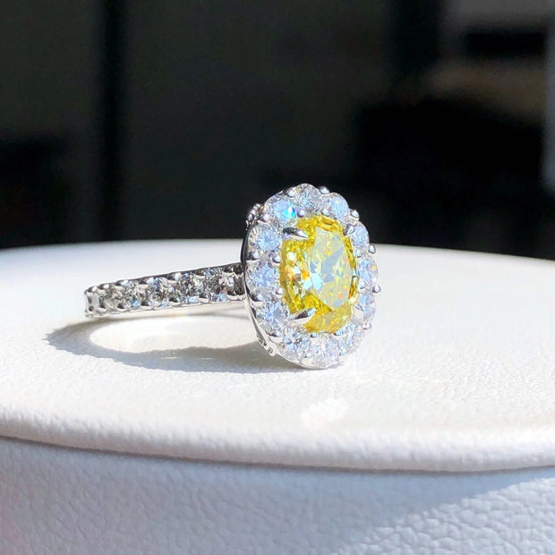 1.20 CT Fancy Vivid Yellow Lab Grown Diamond Oval Ring 14K White Gold VS1/VVS2