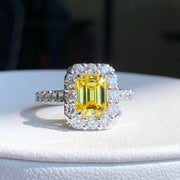 1.5 CT Fancy Vivid Yellow Lab Grown Diamond Emerald Ring 14K White Gold VS1/VVS2