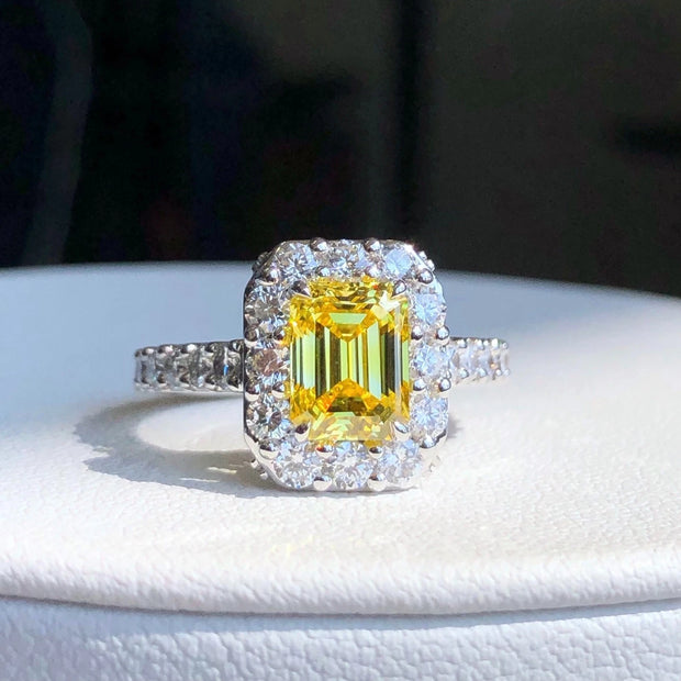 1.5 CT Fancy Vivid Yellow Lab Grown Diamond Emerald Ring 14K White Gold VS1/VVS2