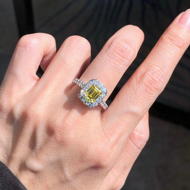1.5 CT Fancy Vivid Yellow Lab Grown Diamond Emerald Ring 14K White Gold VS1/VVS2
