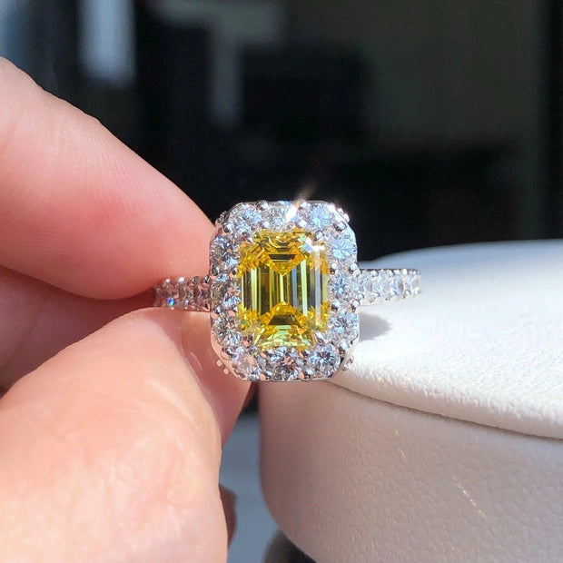1.5 CT Fancy Vivid Yellow Lab Grown Diamond Emerald Ring 14K White Gold VS1/VVS2