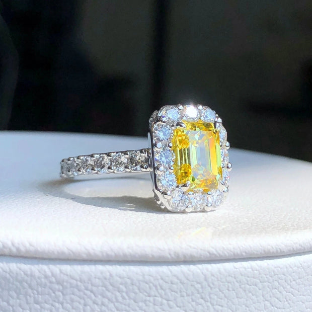 1.5 CT Fancy Vivid Yellow Lab Grown Diamond Emerald Ring 14K White Gold VS1/VVS2