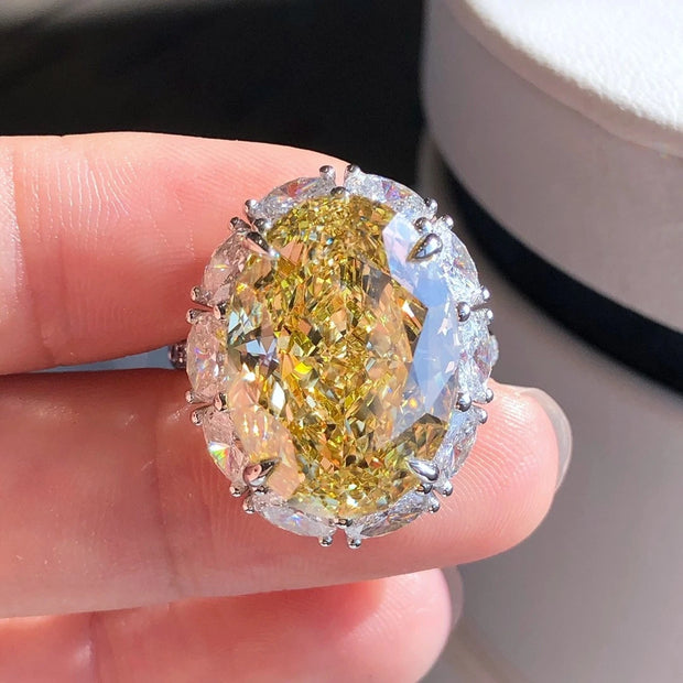 10 CT Fancy Intense Yellow Lab Grown Diamond Oval Ring 14K White Gold VS1/VVS2