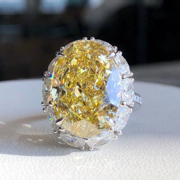 10 CT Fancy Intense Yellow Lab Grown Diamond Oval Ring 14K White Gold VS1/VVS2