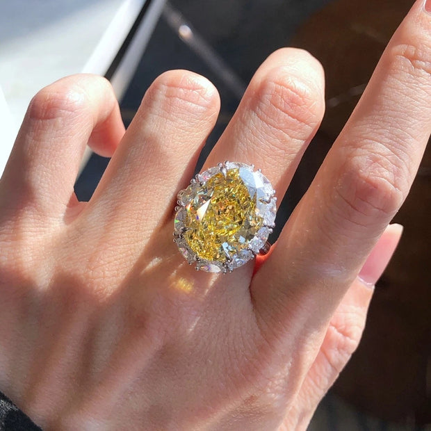 10 CT Fancy Intense Yellow Lab Grown Diamond Oval Ring 14K White Gold VS1/VVS2