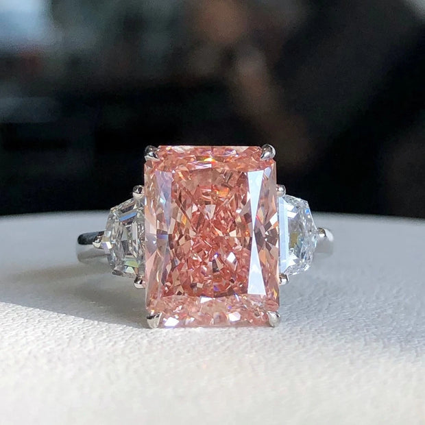 Lab-Grown Fancy Pink Radiant Three-Stone Diamond Ring 6.55 CT 14K White Gold