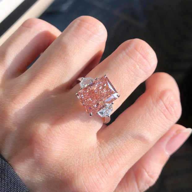 Lab-Grown Fancy Pink Radiant Three-Stone Diamond Ring 6.55 CT 14K White Gold
