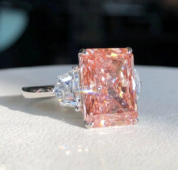 Lab-Grown Fancy Pink Radiant Three-Stone Diamond Ring 6.55 CT 14K White Gold