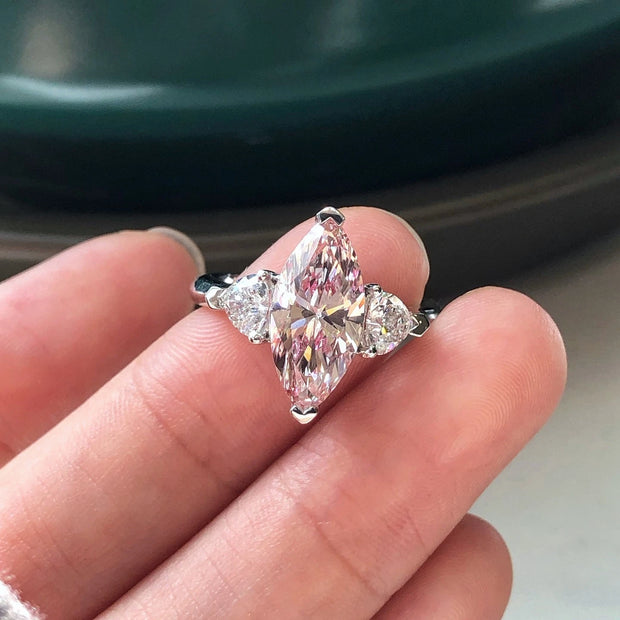 Elegant Pink Marquise Diamond Three-Stone Ring 2.51 CT 14K White Gold VS1/VVS2
