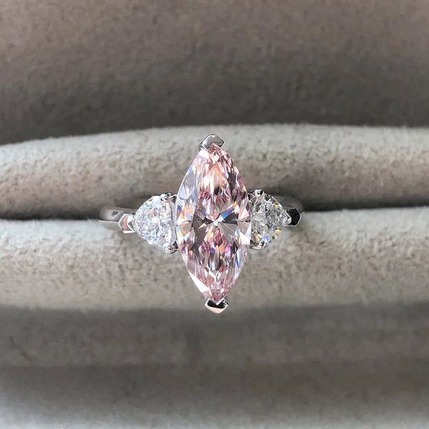 Elegant Pink Marquise Diamond Three-Stone Ring 2.51 CT 14K White Gold VS1/VVS2