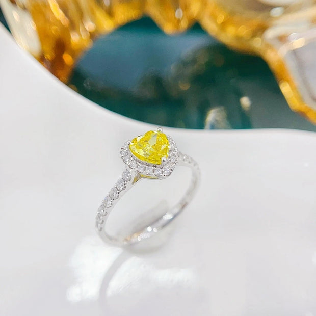 Lab Grown Fancy Yellow Diamond Heart Ring 0.85 CT 14K White Gold