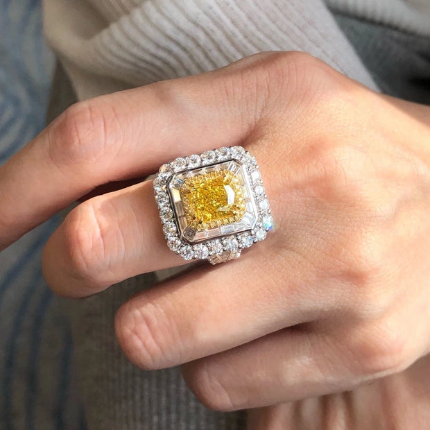 2.51 CT Cushion-Cut Fancy Intense Yellow Lab Diamond Ring 14K White Gold