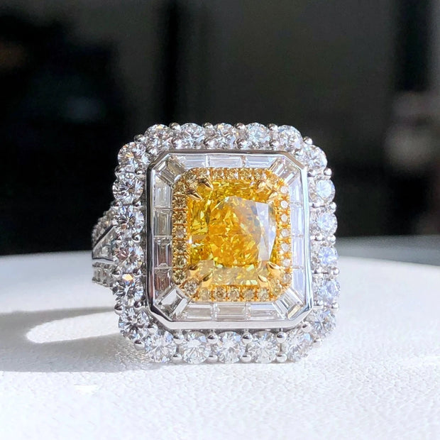 2.51 CT Cushion-Cut Fancy Intense Yellow Lab Diamond Ring 14K White Gold