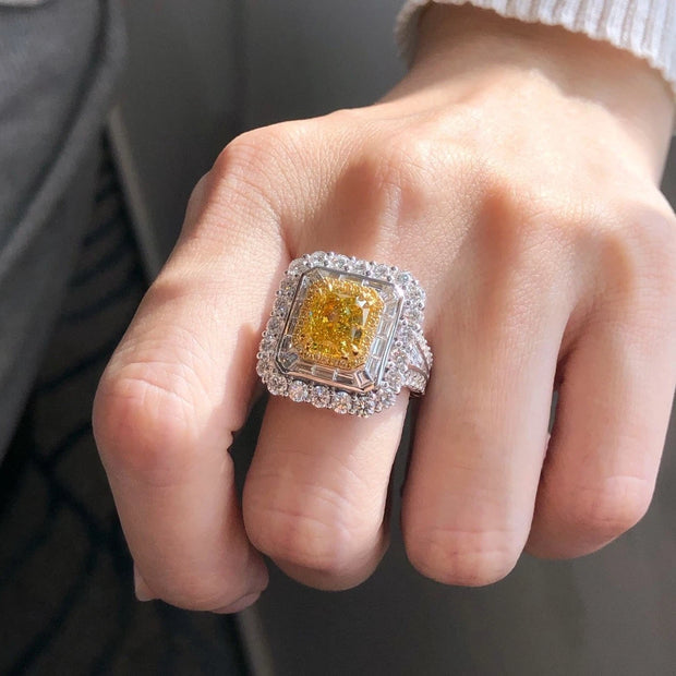 2.51 CT Cushion-Cut Fancy Intense Yellow Lab Diamond Ring 14K White Gold