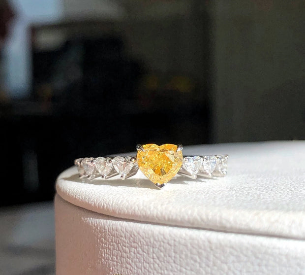 1 CT Lab-Grown Fancy Vivid Yellow Heart Diamond Ring 14K White Gold