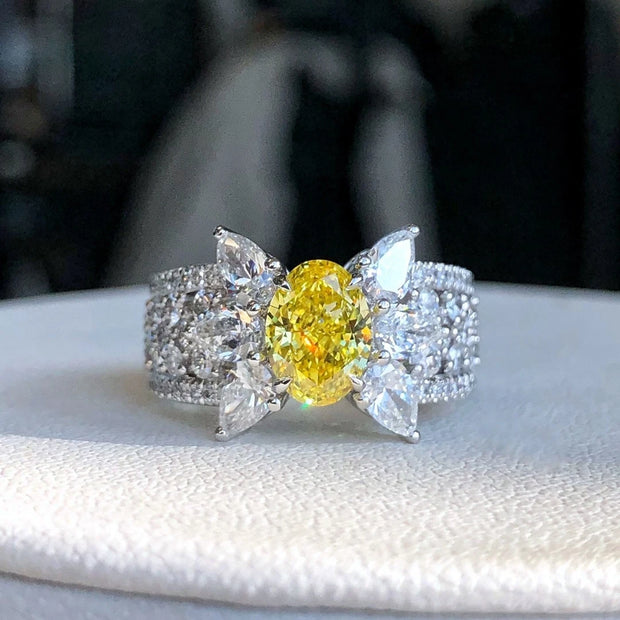 Golden Aura 1.20 CT Fancy Vivid Yellow Oval Lab Diamond Ring 14K White Gold
