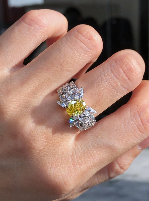 Golden Aura 1.20 CT Fancy Vivid Yellow Oval Lab Diamond Ring 14K White Gold
