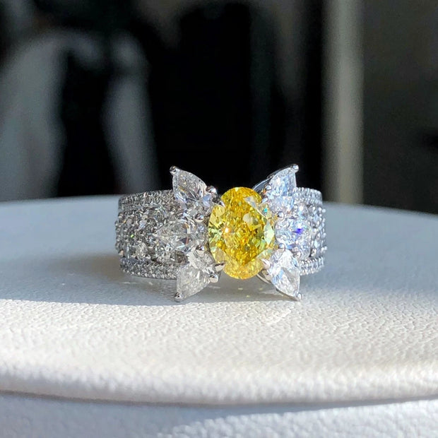 Golden Aura 1.20 CT Fancy Vivid Yellow Oval Lab Diamond Ring 14K White Gold