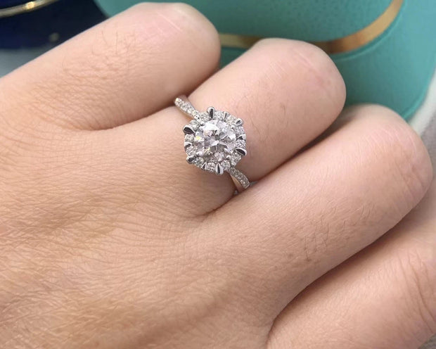 Radiant 1 Carat Round Lab Diamond Ring D-E Color VS1-VVS2 in 14K White Gold