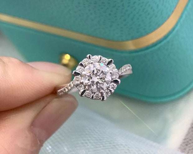 Radiant 1 Carat Round Lab Diamond Ring D-E Color VS1-VVS2 in 14K White Gold